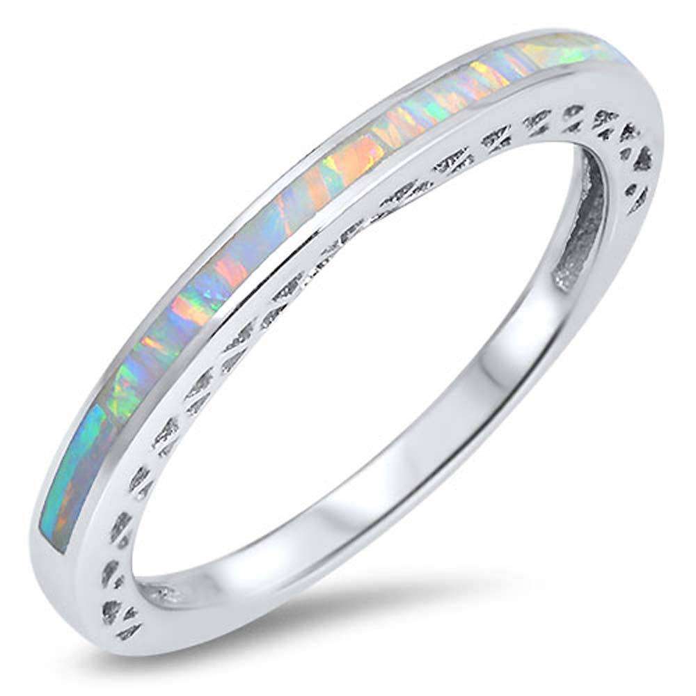 Sterling Silver Wedding Band Shape White Lab Opal RingsAnd Face Height 3mm