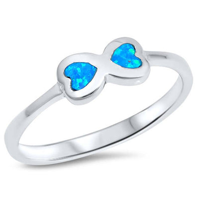 Sterling Silver Double Hearts Blue Lab Opal RingsAnd Face Height 4mm