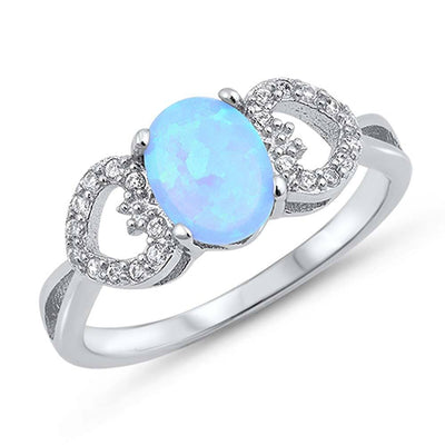 Sterling Silver Heart And Oval Shape Light Blue  Lab Opal Rings With CZ StonesAnd Face Height 7mm