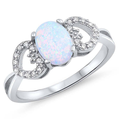 Sterling Silver Heart And Oval Shape White Lab Opal Rings With CZ StonesAnd Face Height 7mm