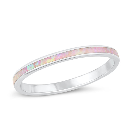 Sterling Silver Rhodium Plated Round Pink Lab Opal Ring Face Height-2mm