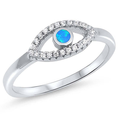 Sterling Silver Evil Eye Shape Blue Lab Opal Rings With CZ StonesAnd Face Height 6mm