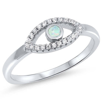 Sterling Silver Evil Eye Shape White Lab Opal Rings With CZ StonesAnd Face Height 6mm