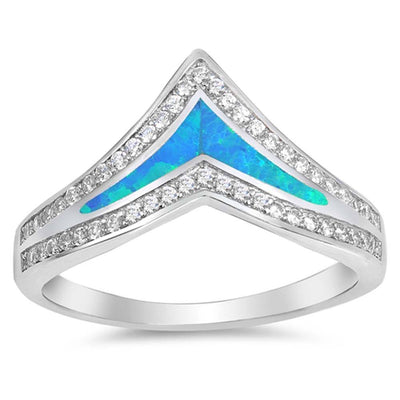 Sterling Silver Wave Shape Blue Lab Opal Rings With CZ StonesAnd Face Height 11mm