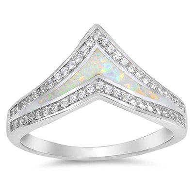Sterling Silver Wave Shape White Lab Opal Rings With CZ StonesAnd Face Height 11mm