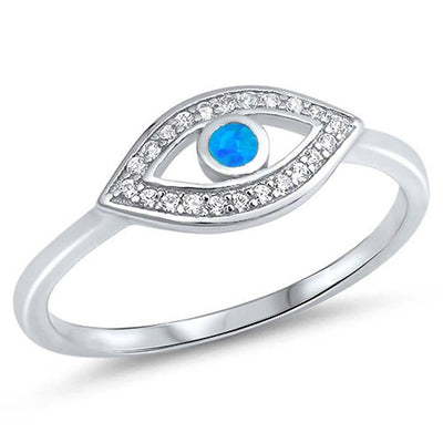 Sterling Silver Evil Eye Shape Blue Lab Opal Rings With CZ StonesAnd Face Height 8mm