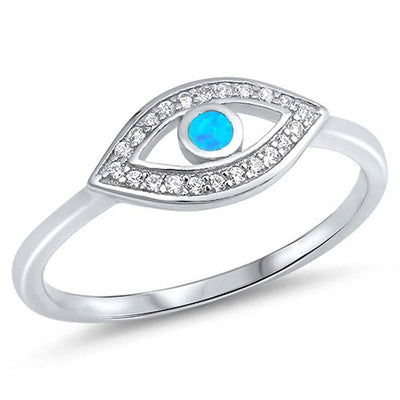 Sterling Silver Evil Eye Shape Light Blue Lab Opal Rings With CZ StonesAnd Face Height 8mm