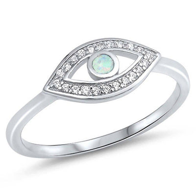 Sterling Silver Evil Eye Shape White Lab Opal Rings With CZ StonesAnd Face Height 8mm