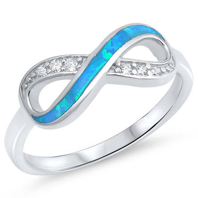 Sterling Silver Infinity Shape Blue Lab Opal Rings With CZ StonesAnd Face Height 7mm