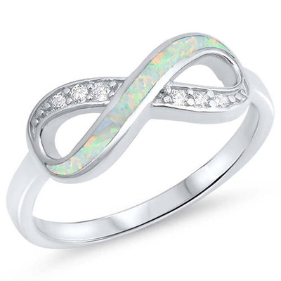 Sterling Silver Infinity Shape White Lab Opal Rings With CZ StonesAnd Face Height 7mm
