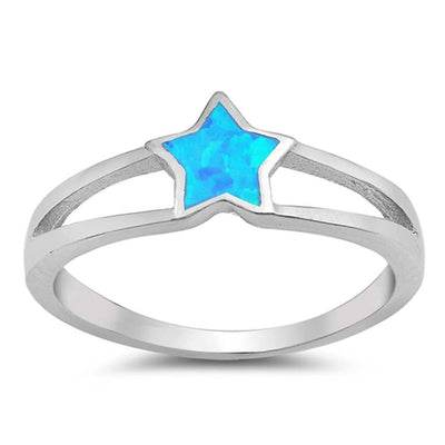 Sterling Silver Star Shape Blue Lab Opal RingsAnd Face Height 7mm
