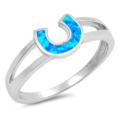Sterling Silver Horseshoe Blue Lab Opal Rings and Face Height 7mm