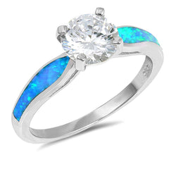 Sterling Silver Round Shape Light Blue Lab Opal Rings With CZ StonesAnd Center Stone Width 7mm