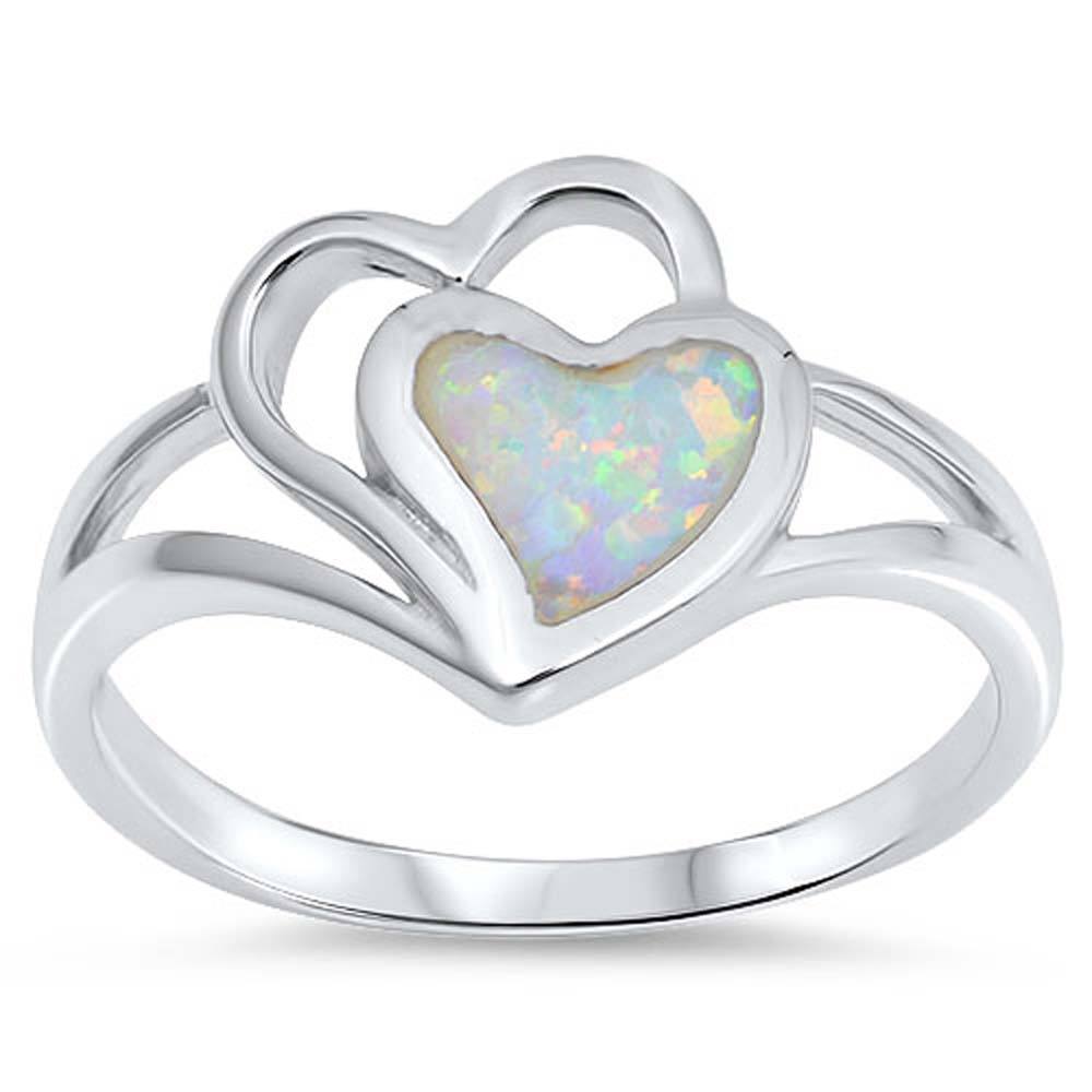 Sterling Silver Heart Shape White Lab Opal RingsAnd Face Height 13mm