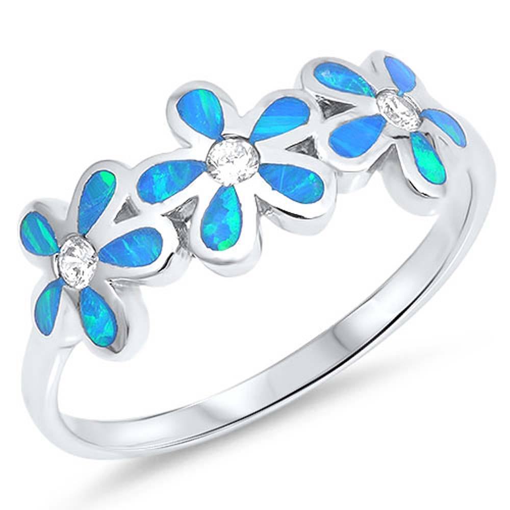 Sterling Silver Plumeria Shaped Blue Lab Opal Rings with CZ Stones And Face Height 8mm
