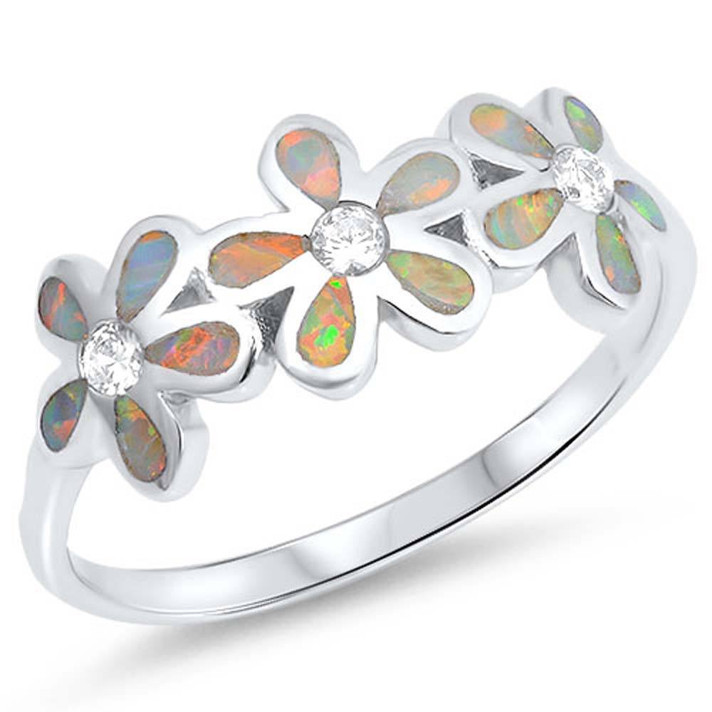Sterling Silver Plumeria Shaped White Lab Opal Rings With CZ StonesAnd Face Height 8mm