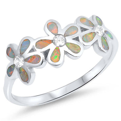 Sterling Silver Plumeria Shaped White Lab Opal Rings With CZ StonesAnd Face Height 8mm
