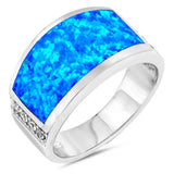 Sterling Silver Thick Wedding Band Shape Blue Lab Opal Rings With CZ StonesAnd Face Height 11mm