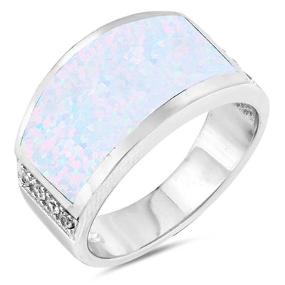 Sterling Silver Thick Wedding Band Shape White Lab Opal Rings With CZ StonesAnd Face Height 11mm