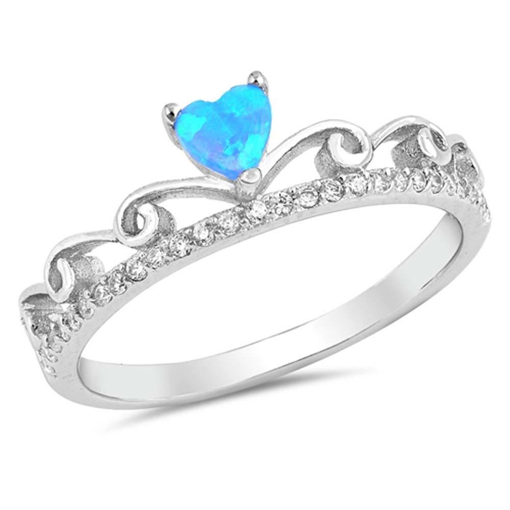 Sterling Silver Heart Crown Shape Blue Lab Opal Rings With CZ StonesAnd Face Height 6mm