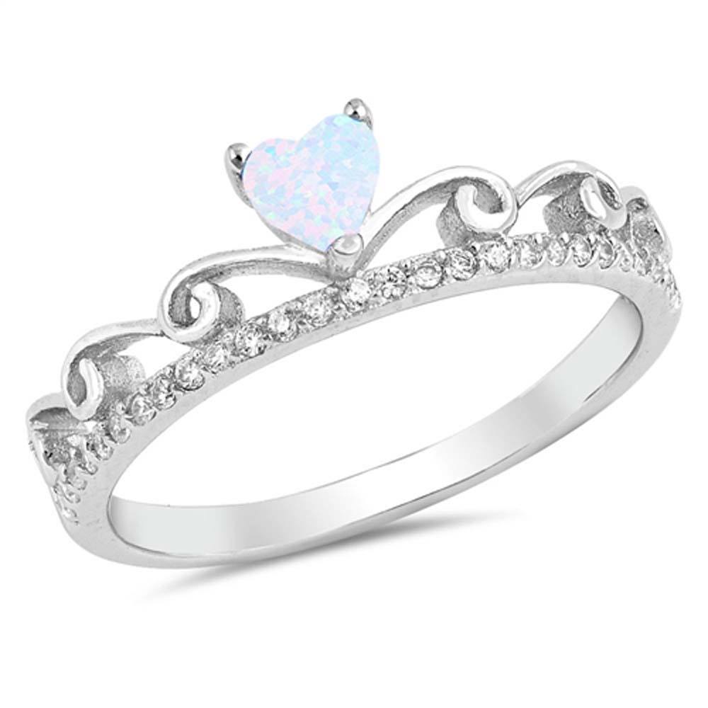 Sterling Silver Heart Crown Shape White Lab Opal Rings With CZ StonesAnd Face Height 6mm