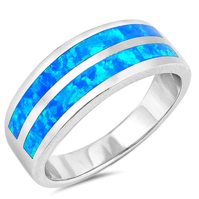 Sterling Silver Double Line Blue Lab Opal RingsAnd Face Height 8mm