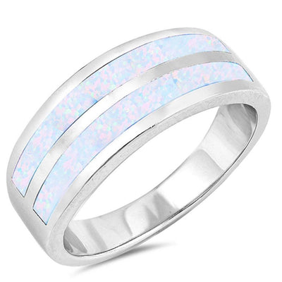 Sterling Silver Double Line White Lab Opal RingsAnd Face Height 8mm