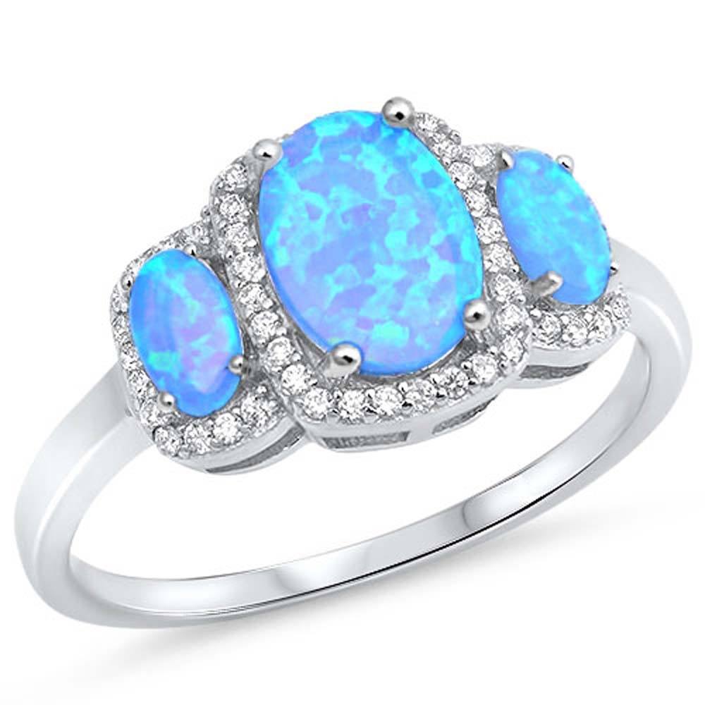 Sterling Silver Three Ovals Shape Light Blue Lab Opal Rings With CZ StonesAnd Face Height 10mm