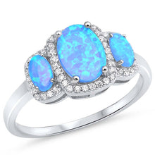 Load image into Gallery viewer, Sterling Silver Three Ovals Shape Light Blue Lab Opal Rings With CZ StonesAnd Face Height 10mm