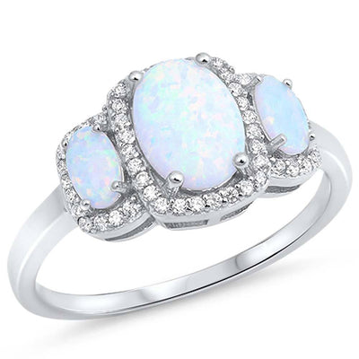 Sterling Silver Three Ovals Shape White Lab Opal Rings With CZ StonesAnd Face Height 10mm