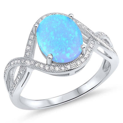 Sterling Silver Oval Shape Light Blue Lab Opal Rings With CZ StonesAnd Face Height 14mm