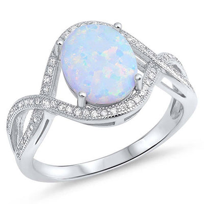 Sterling Silver Oval Shape White Lab Opal Rings With CZ StonesAnd Face Height 14mm
