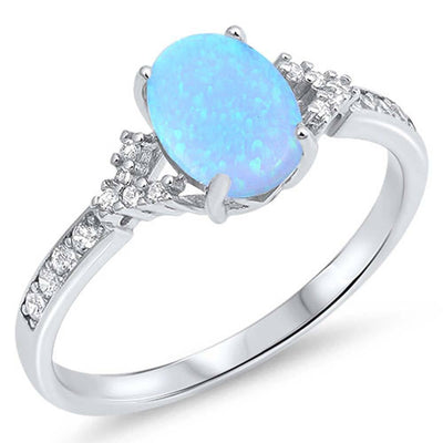 Sterling Silver Oval Shape Light Blue Lab Opal Rings With CZ StonesAnd Face Height 8mm