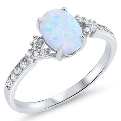 Sterling Silver Oval Shape White Lab Opal Rings With CZ StonesAnd Face Height 8mm