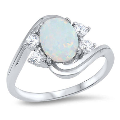 Sterling Silver Oval Shape White Lab Opal Rings With CZ StonesAnd Face Height 11mm