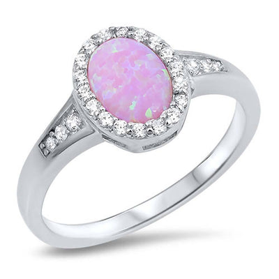 Sterling Silver Oval Shape Pink Lab Opal Rings With CZ StonesAnd Face Height 11mm