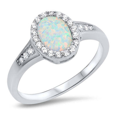 Sterling Silver Ring with Oval White Lab Opal Center and Clear CZ And Face Height of 11 mm