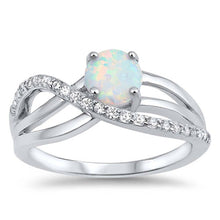 Load image into Gallery viewer, Sterling Silver Ring with Oval White Lab Opal Center and  Clear CZ Cross Over Design, Face Height of 9 mm