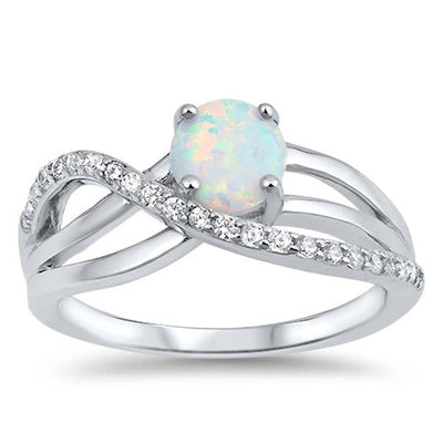 Sterling Silver Ring with Oval White Lab Opal Center and  Clear CZ Cross Over Design, Face Height of 9 mm