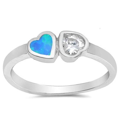 Sterling Silver Double Heart Shape Blue Lab Opal Rings With CZ StonesAnd Face Height 6mm