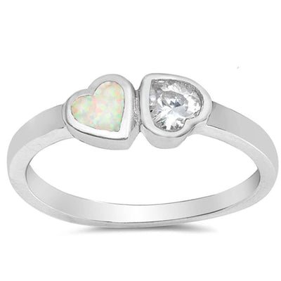 Sterling Silver Double Heart Shape White Lab Opal Rings With CZ StonesAnd Face Height 6mm