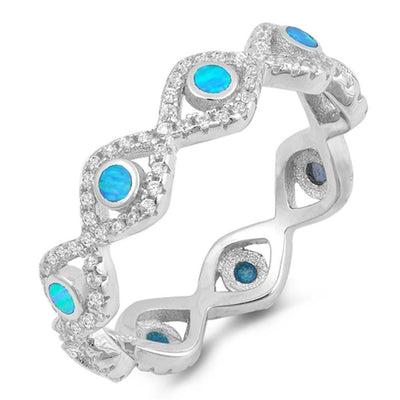Sterling Silver All Seeing Eyes Shape Blue Lab Opal Rings with CZ Stones, Face Height 4mm