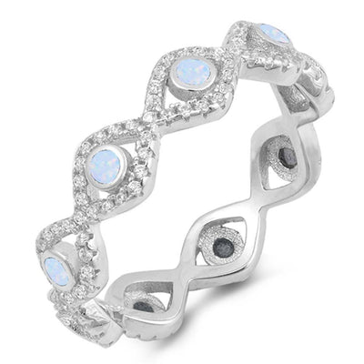 Sterling Silver All Seeing Eyes Shape White Lab Opal Rings with CZ Stones, Face Height 4mm