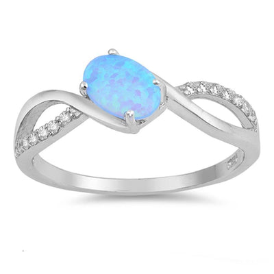 Sterling Silver Oval Shape Light Blue Lab Opal Rings With CZ StonesAnd Face Height 7mm