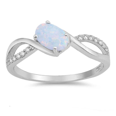 Sterling Silver Oval Shape White Lab Opal Rings With CZ StonesAnd Face Height 7mm
