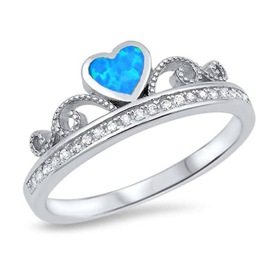 Sterling Silver Heart Crown Shape Blue Lab Opal Rings With CZ StonesAnd Face Height 7mm