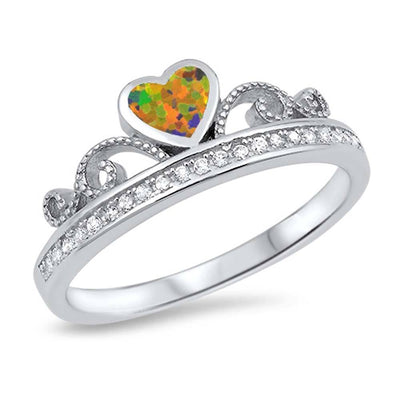 Sterling Silver Heart Crown Shaped Black Lab Opal Ring With CZ Stones