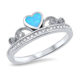 Sterling Silver Heart Crown Shape Light Blue Lab Opal Rings With CZ StonesAnd Face Height 7mm