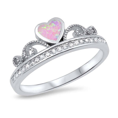 Sterling Silver Heart Crown Shaped Pink Lab Opal Rings With CZ StonesAnd Face Height 7mm