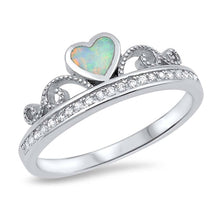 Load image into Gallery viewer, Sterling Silver Heart Crown Shape White Lab Opal Rings With CZ StonesAnd Face Height 7mm